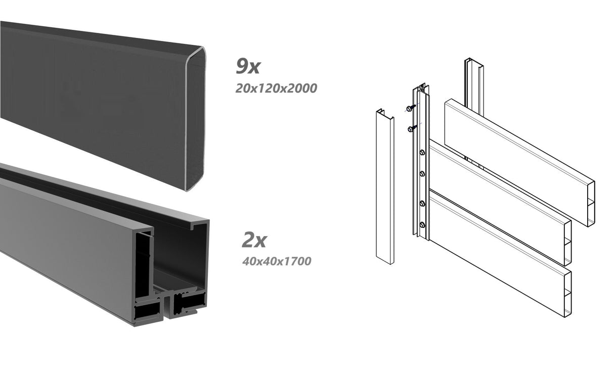 Aluminium fence assembly with slat 20x120, 1.7x2m
