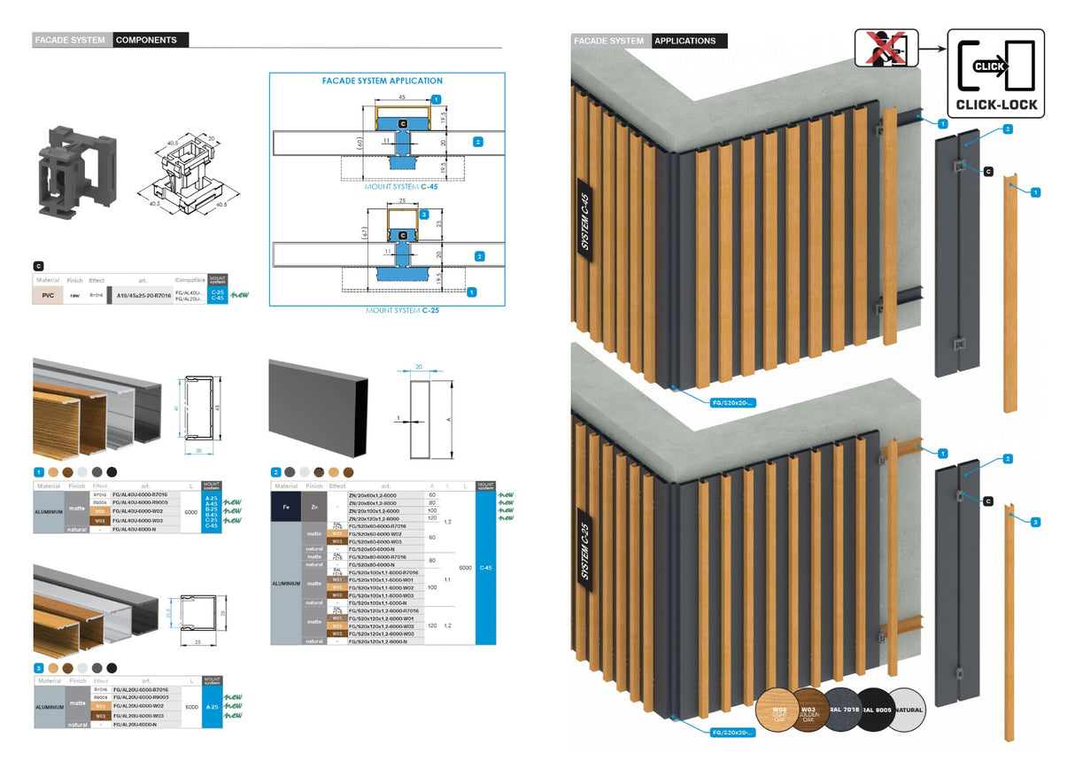 Connettore click-lock per sistema di facciata con lamelle, 45 x 25 - 20 - Antracite RAL 7016, 50pz