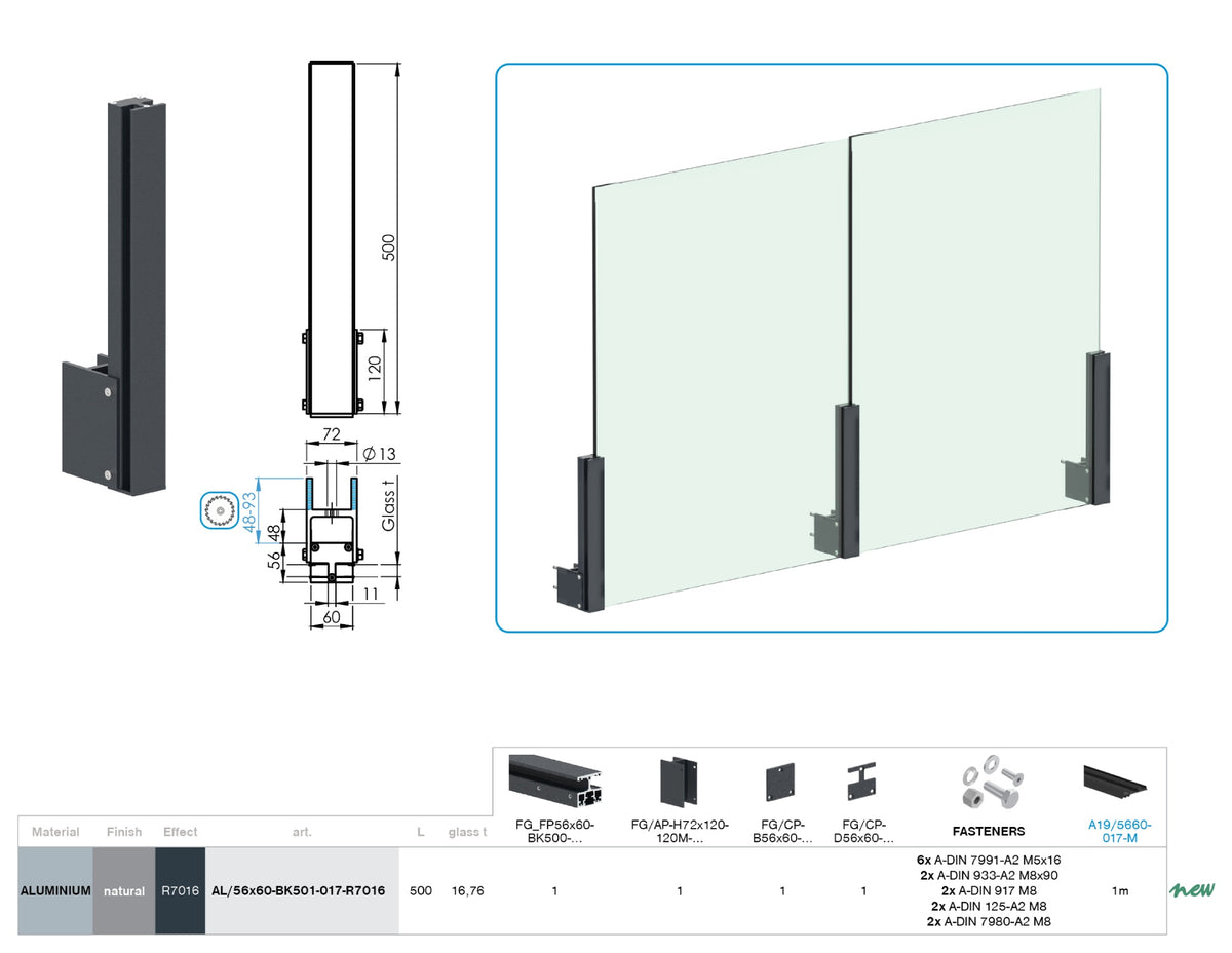 Aluminium Post Set 56×60 - 0.5m, Side Mounting with Covers, Intermediate - Anthracite RAL 7016