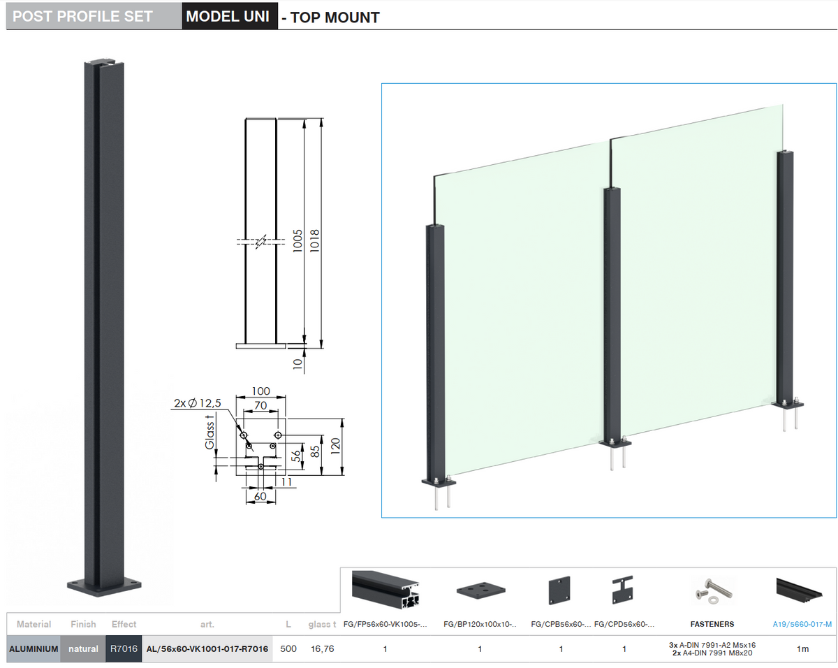 Aluminium Post Set 56×60 - 1m, Top Mounting with Covers, Intermediate - Anthracite RAL 7016