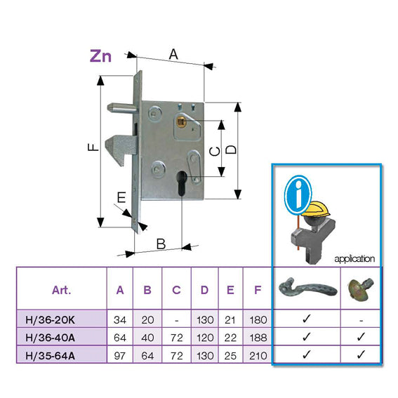Lock for sliding gates with counterpart Zn 72x40mm