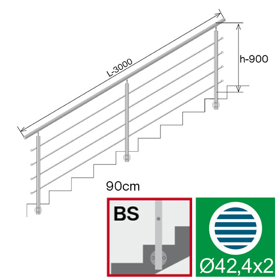 Railing AISI304, BR STAIRS AISI304, D42,4/4xd12/H9
