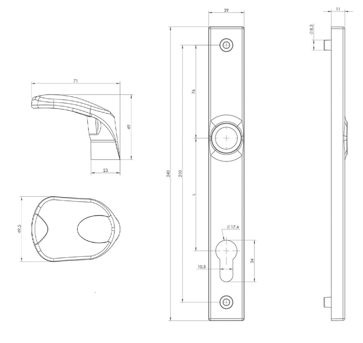 Door handle set - ball+ball with plate, AL profi