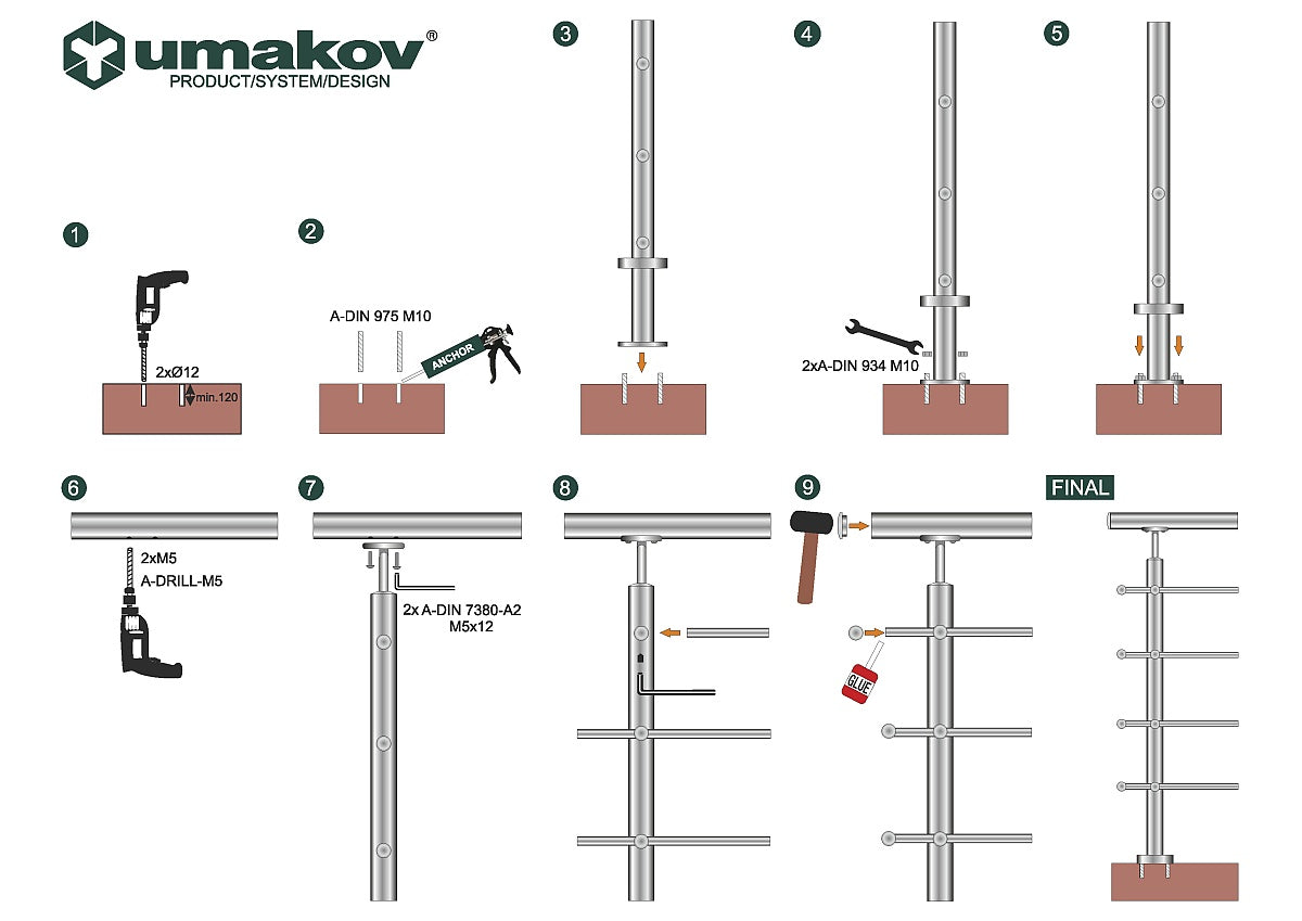 Railing JP, VR AISI304, 40x40x2/4xd12/H900/L1500mm