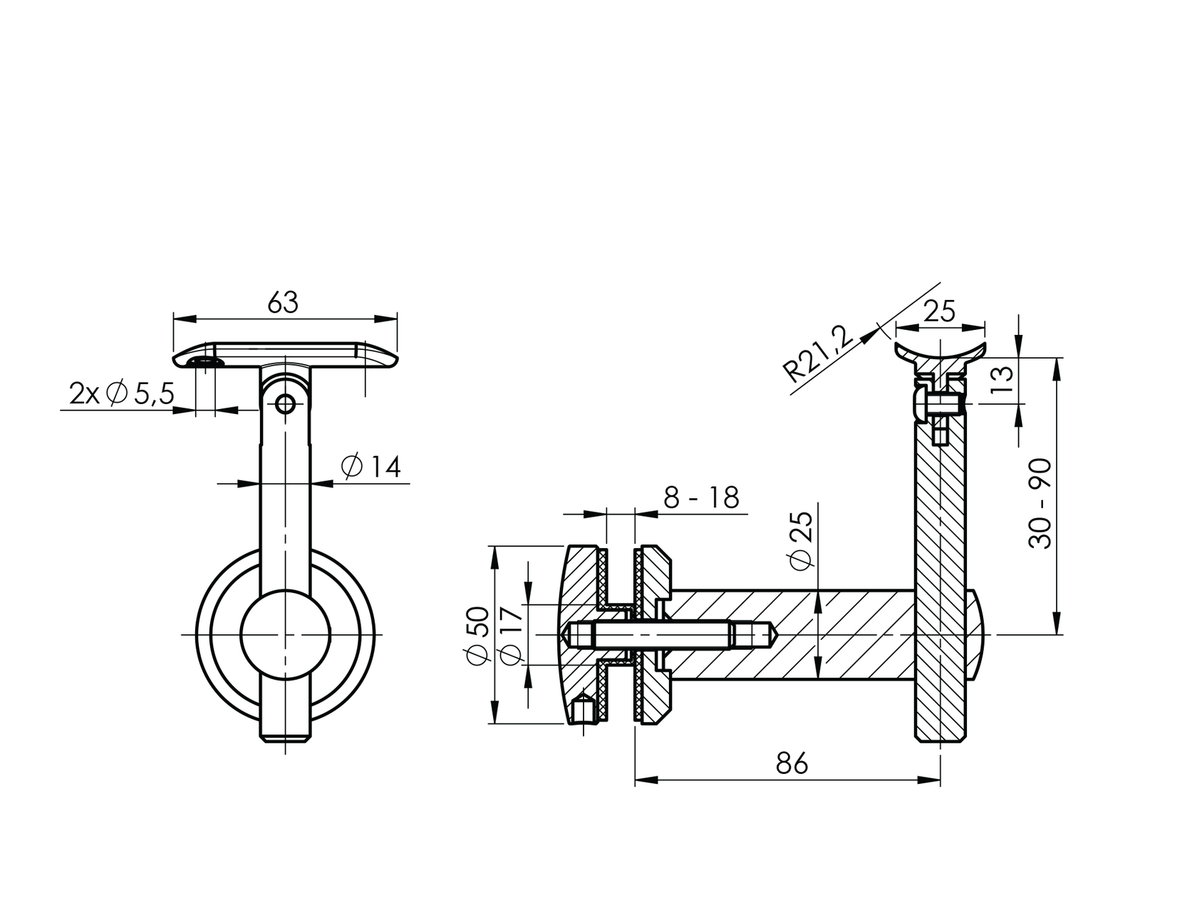 Glass mounted handrail bracket