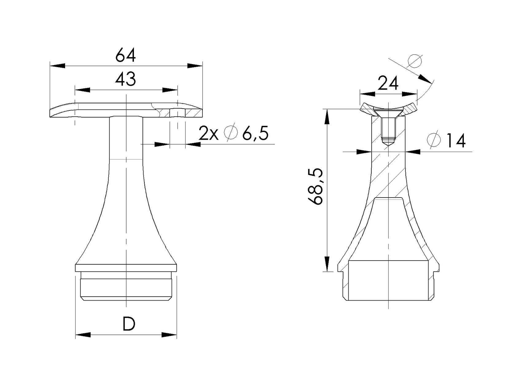 Handrail bracket AISI304, d48,3x2/H68mm