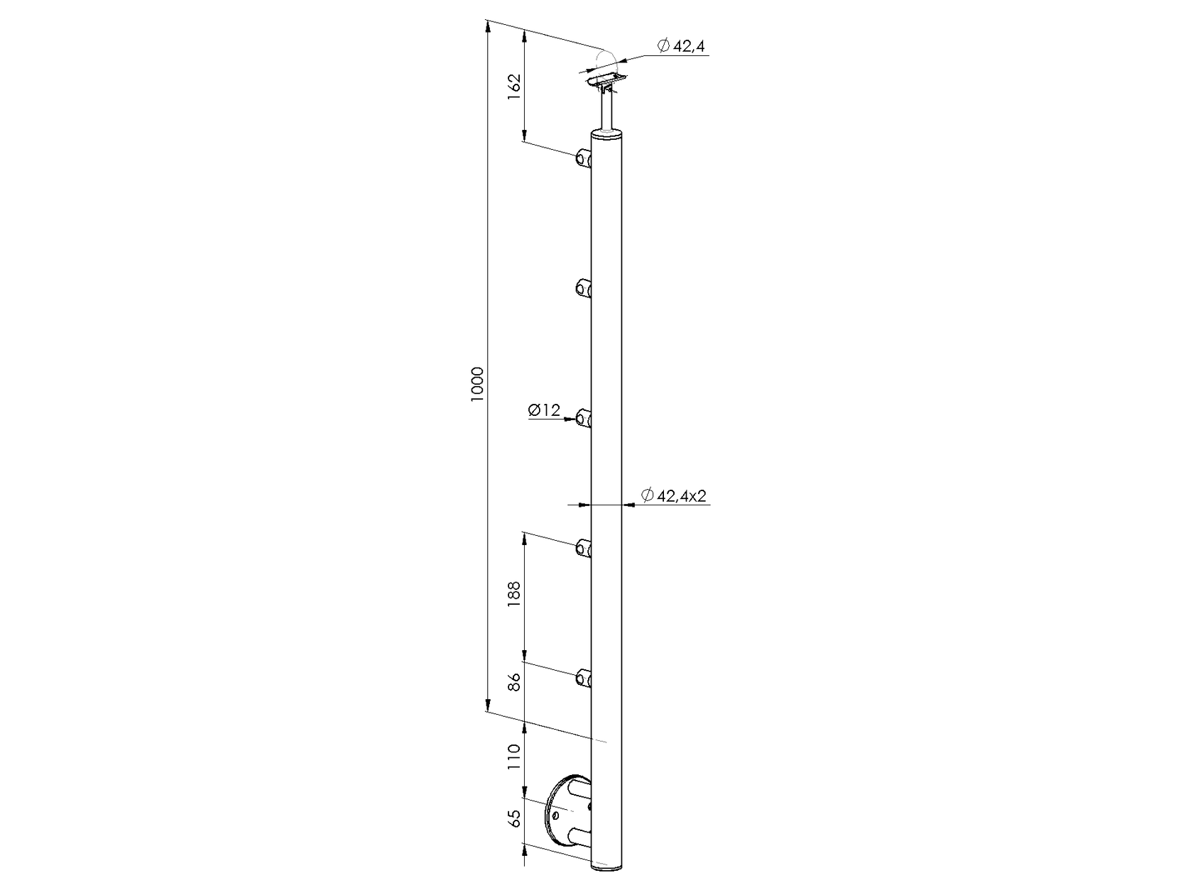 Oak pole D50/5x12mm, h=100cm, BK- straight