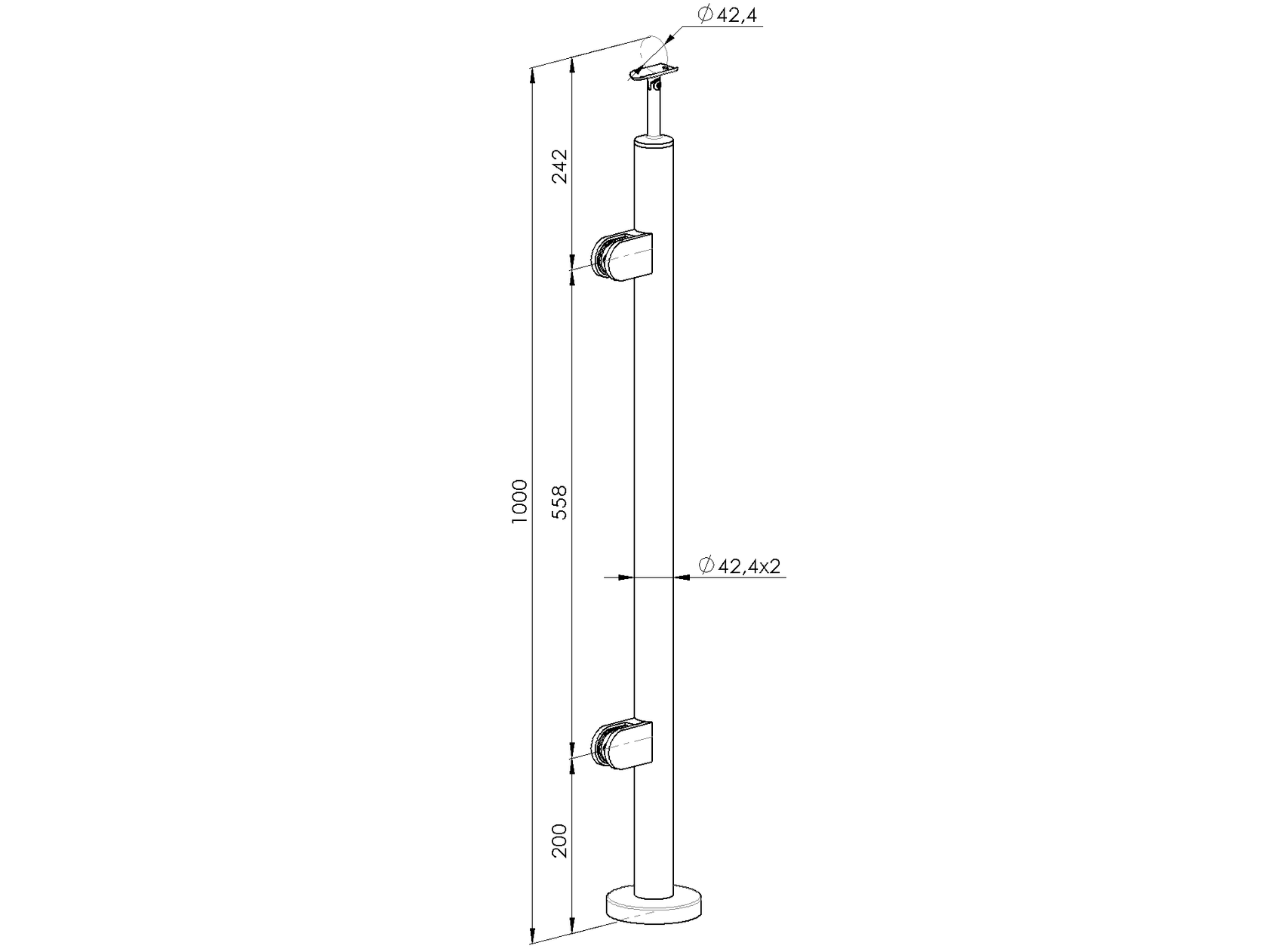 Baluster post inox AISI316, D42,4/4xmodel22/H1000m