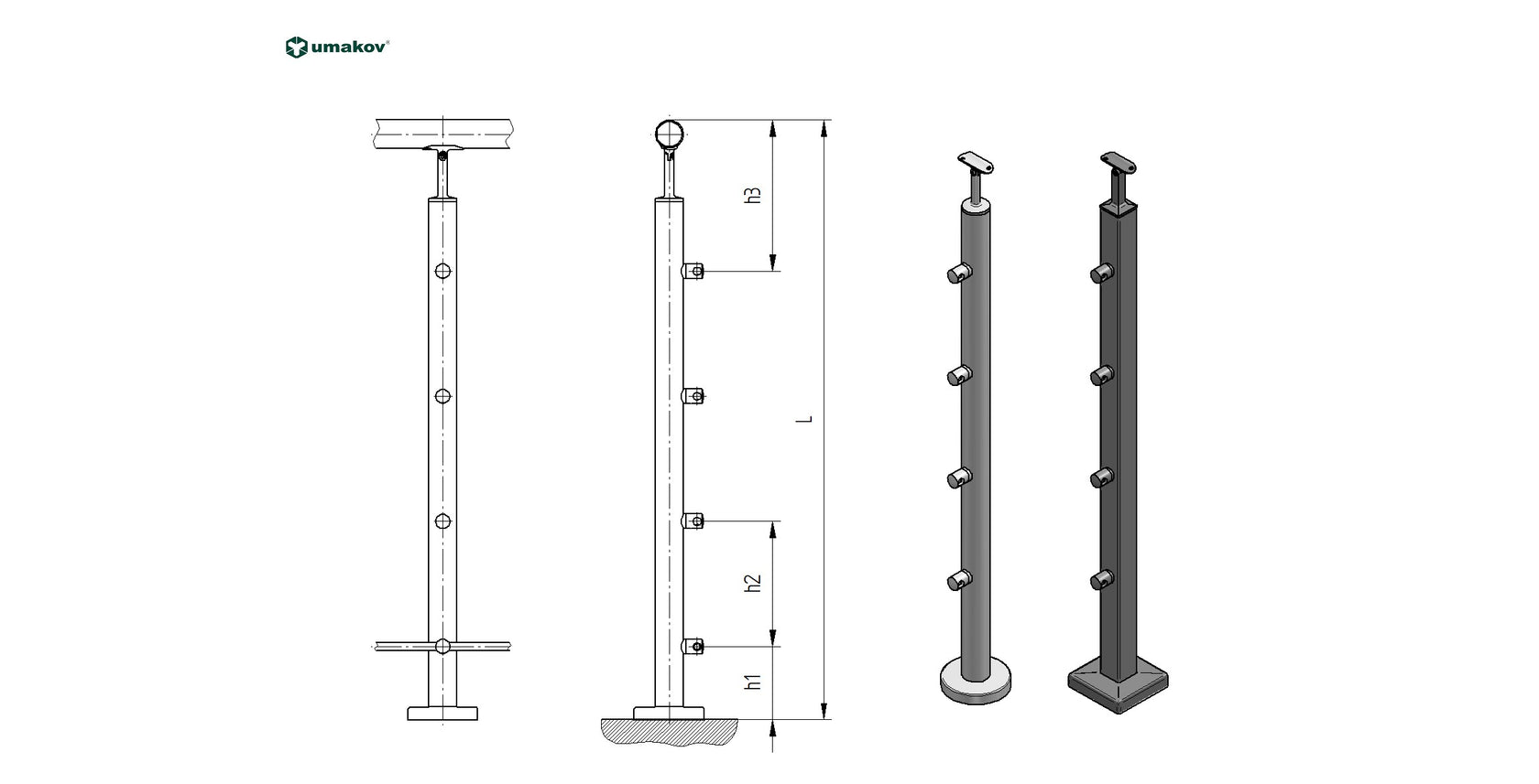 Beech square pole(BEECH)JP 40x40mm, 4xd12mm H900
