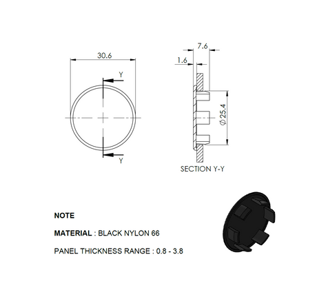 End cap for AL profile - black, PVC, D25mm