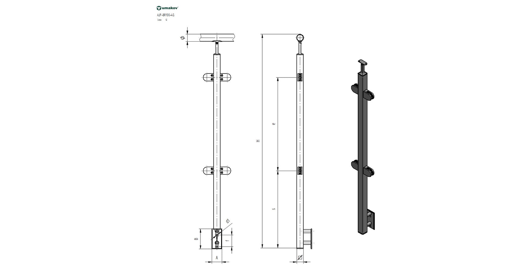 Stainless steel pole JP, side anchoring, straight