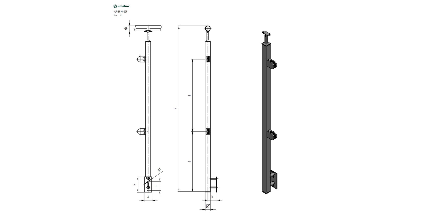 Stainless steel pole JP, BK-straight, right AISI30