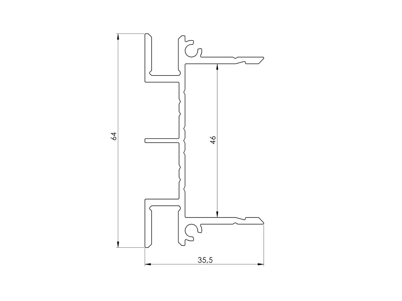 Aluminum adapter 64x38-1500mm for blinds up to 46mm R7016