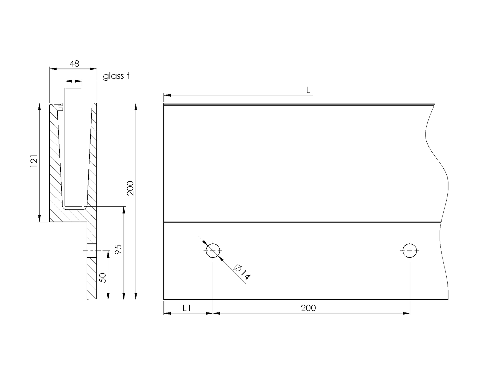 Aluminium profile for glass railing -side mounting
