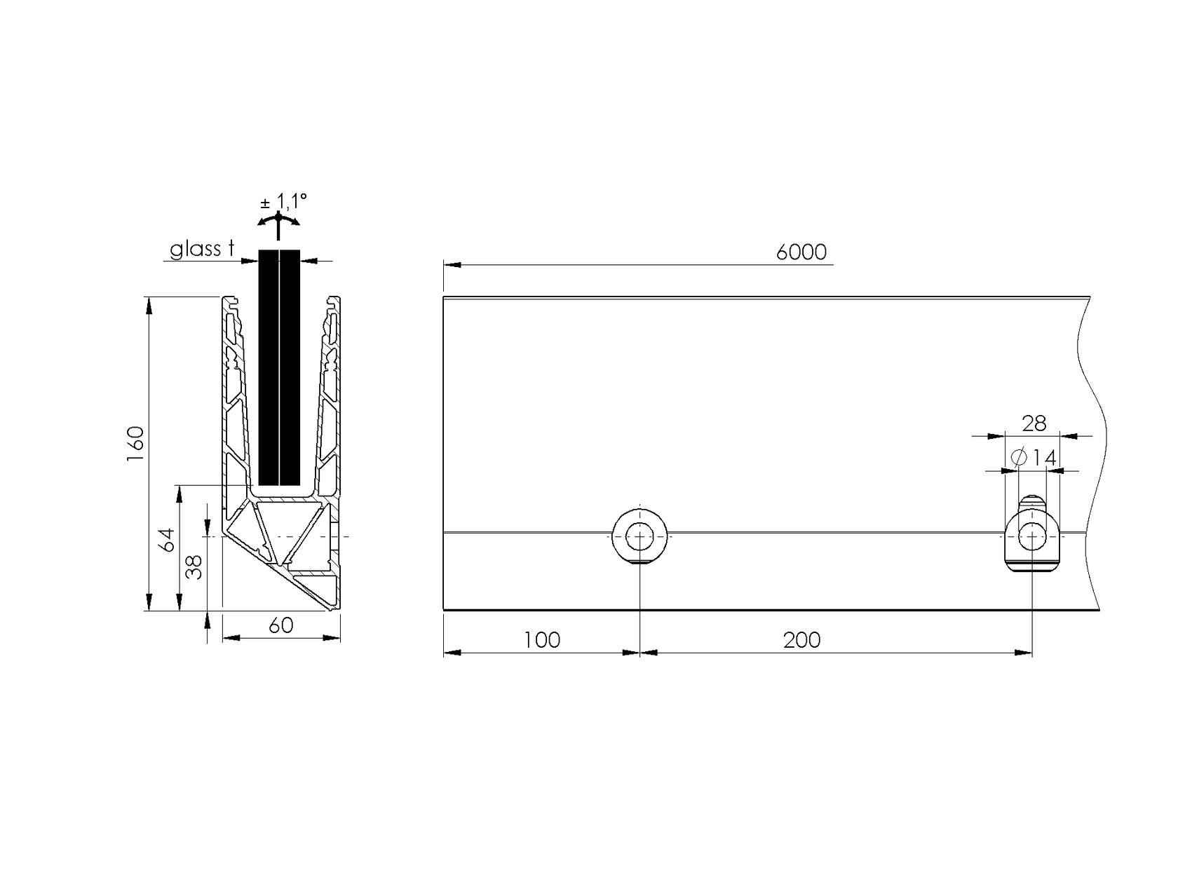 Aluminium profile for glass railing -side mounting