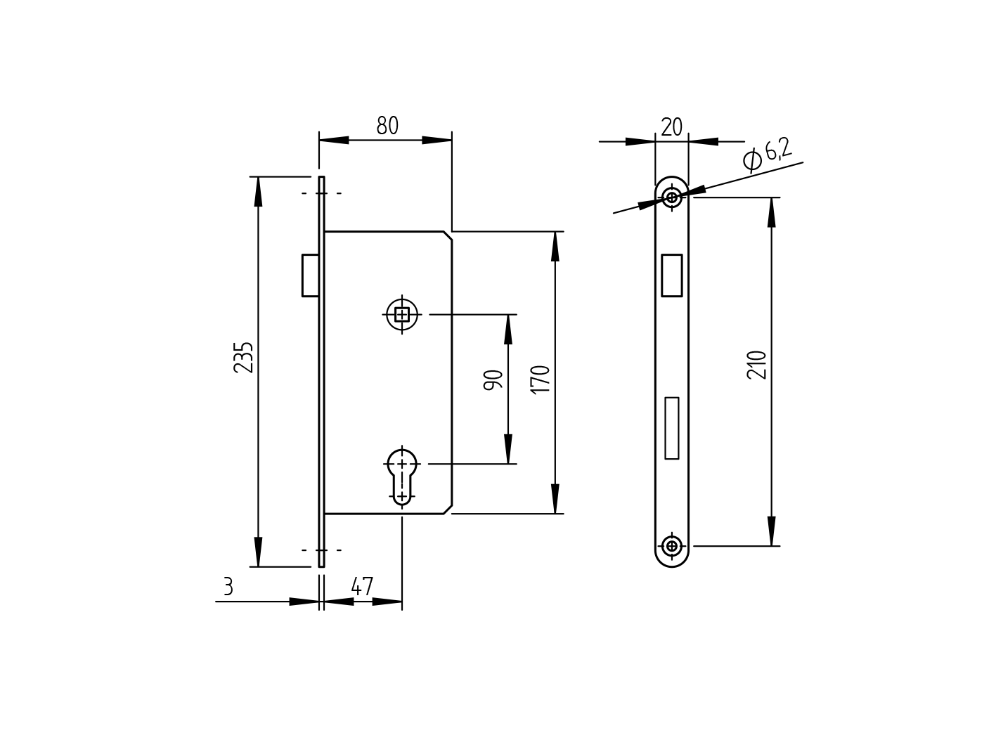 Mortise lock Zn, 90x50mm