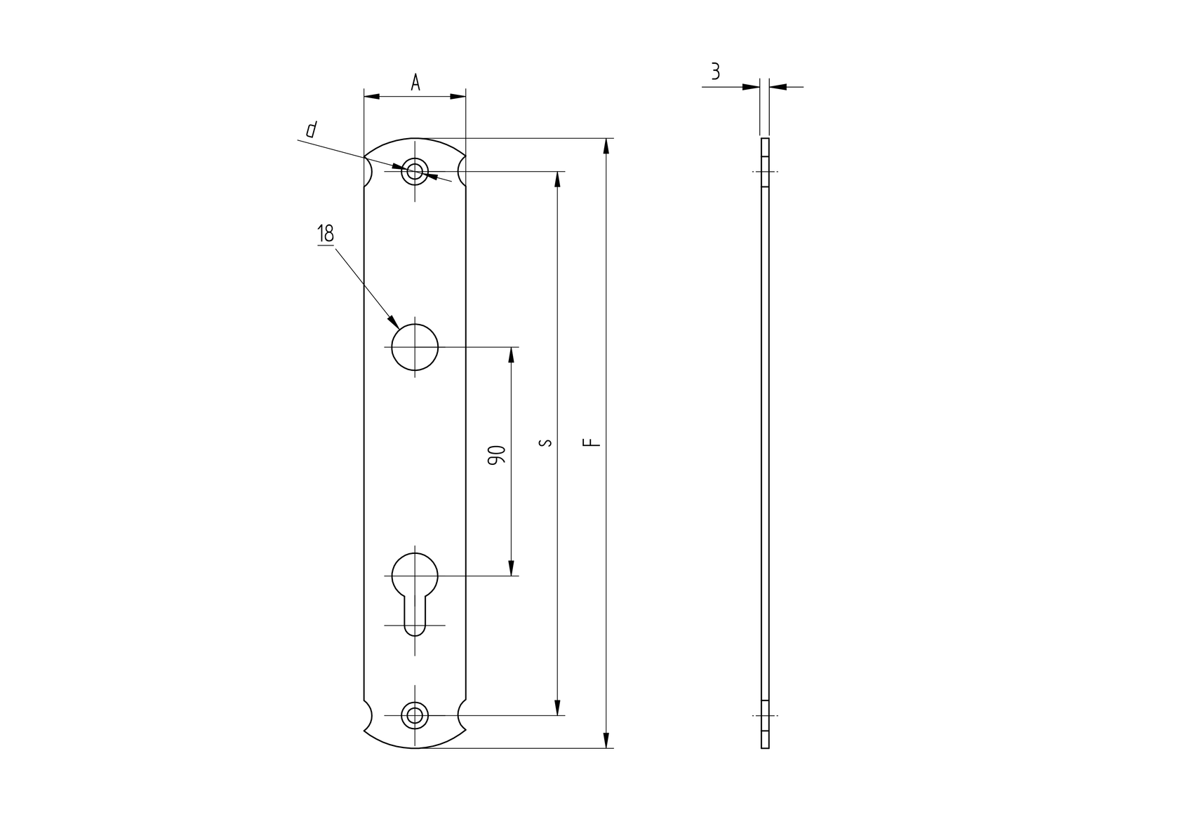 Lock plate 240x40, t3, C90, D18mm