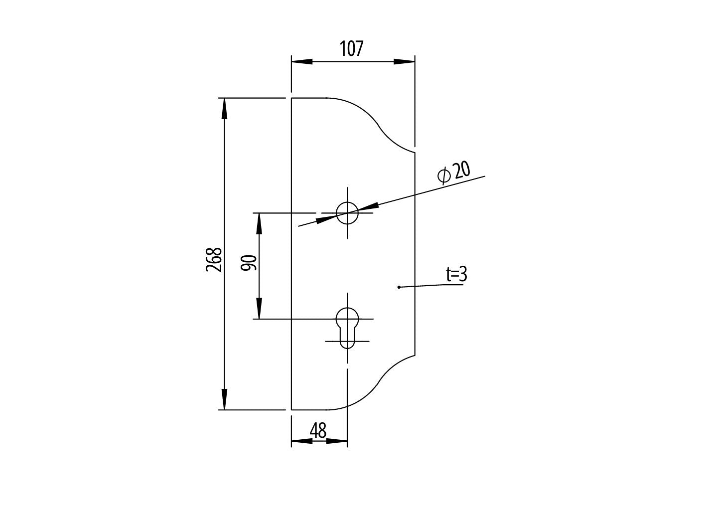 Decorated gate plate, right side, 268x107, t3, a90, D20mm