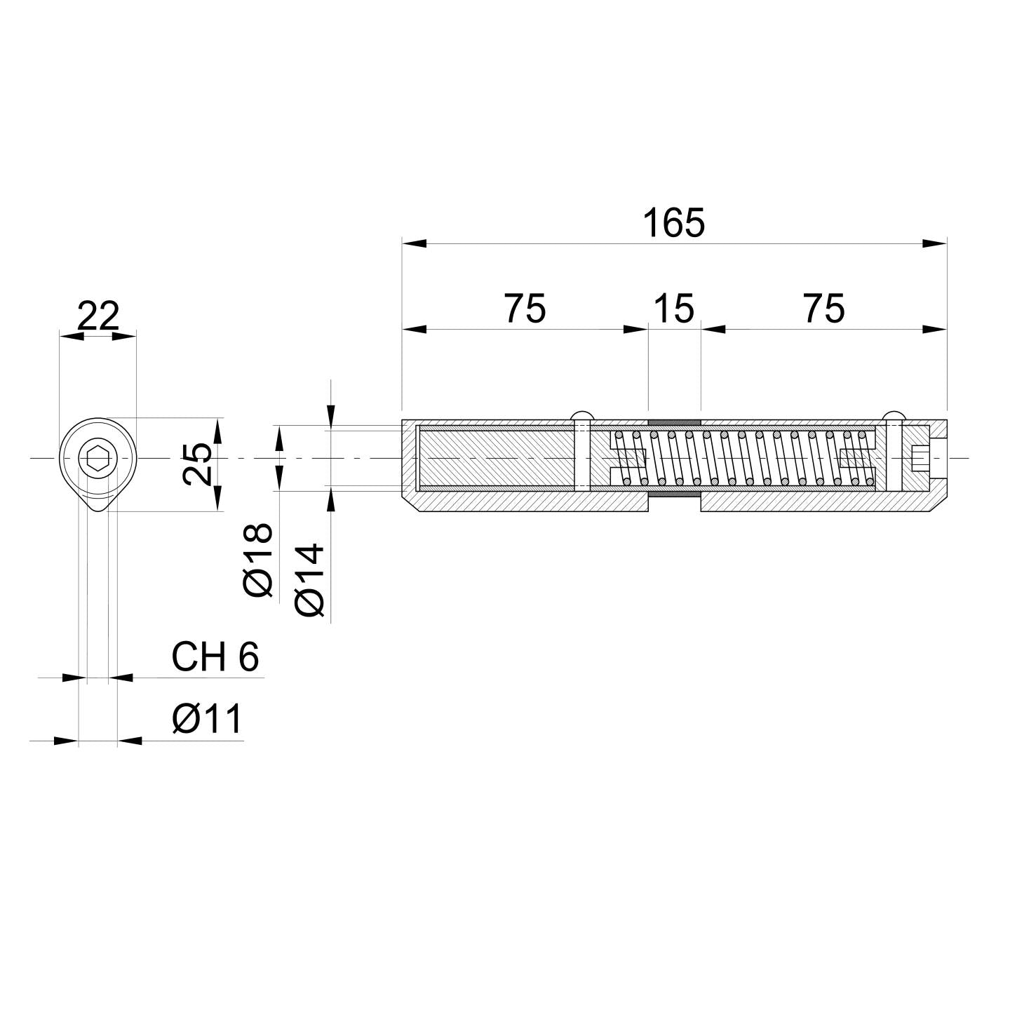 Weldable hinge with spring D22, INOX, L165mm