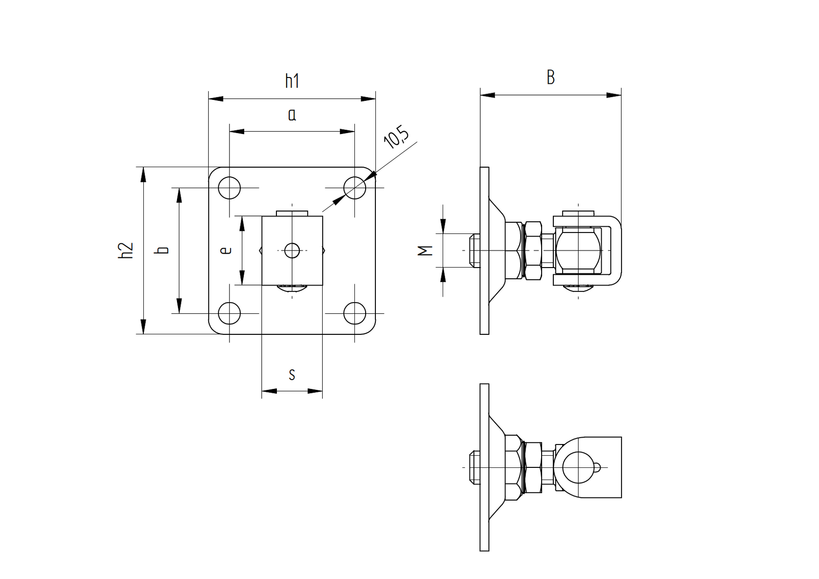 Adjustable hinge with anchoring flange M16, 80x80