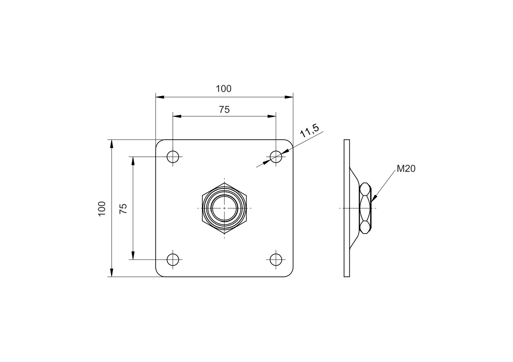 Anchoring bracket - rotary Zn, M20, 100x100