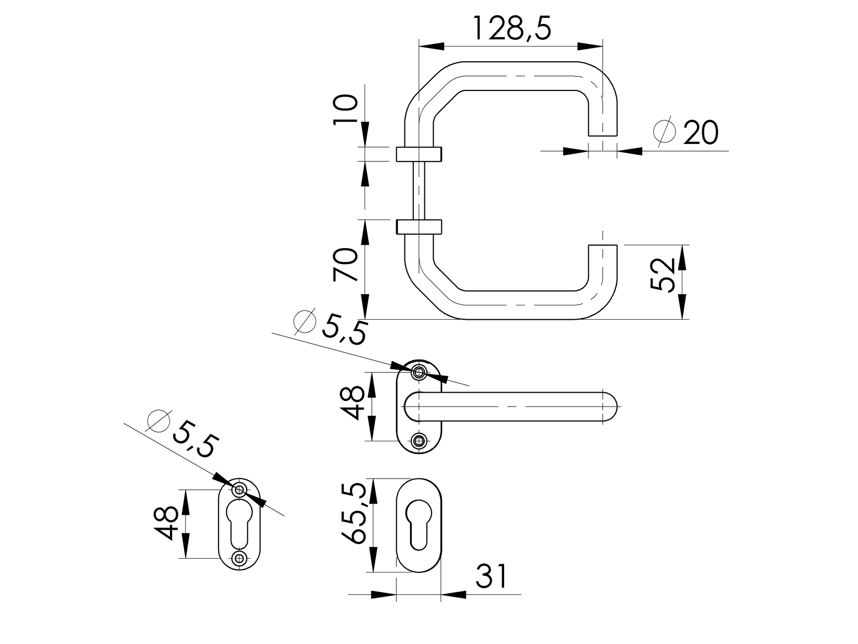 Door handle with plate, pair AISI 304, K320