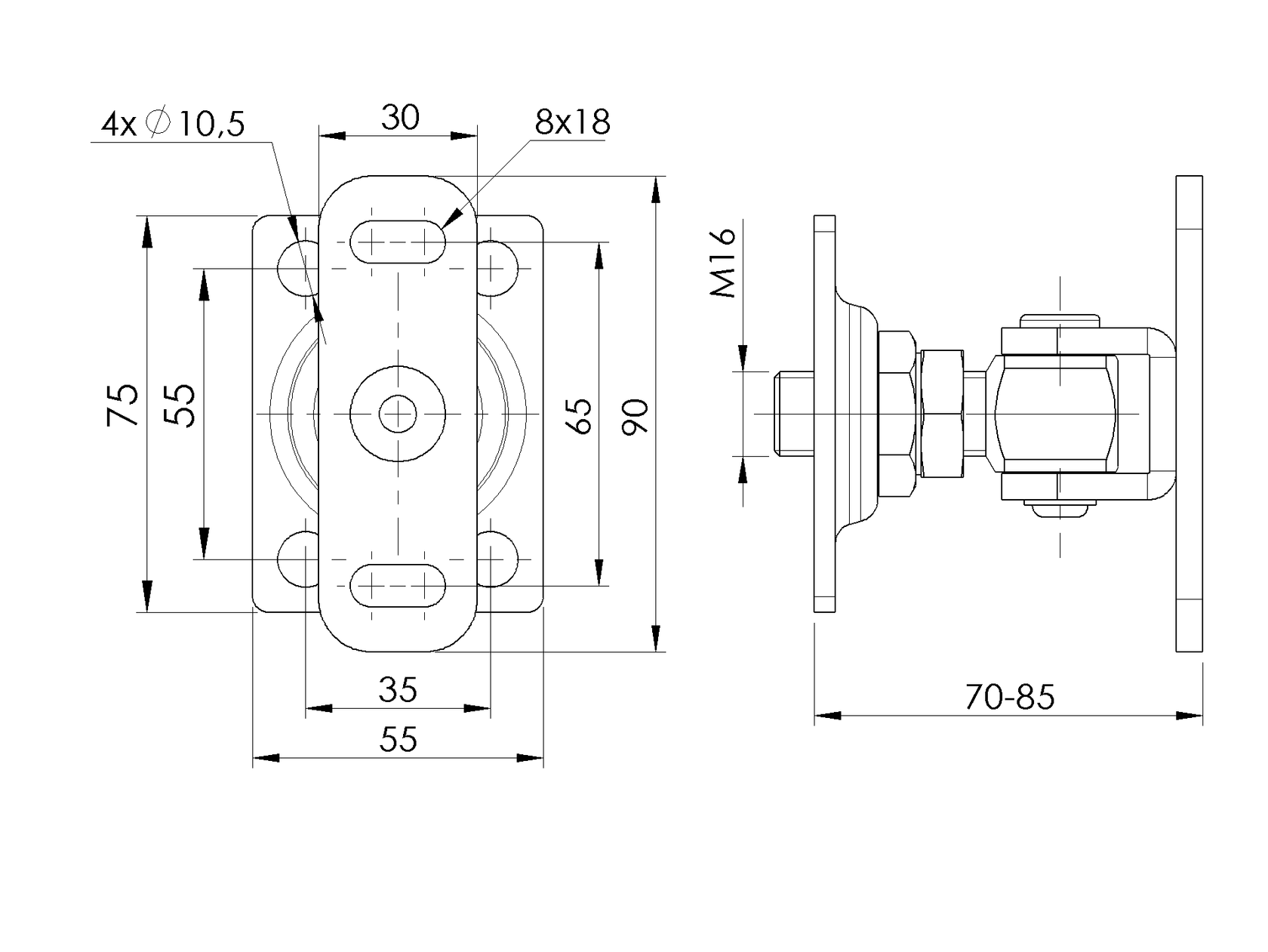 Adjustable hinge with anchoring flange, INOX, M16