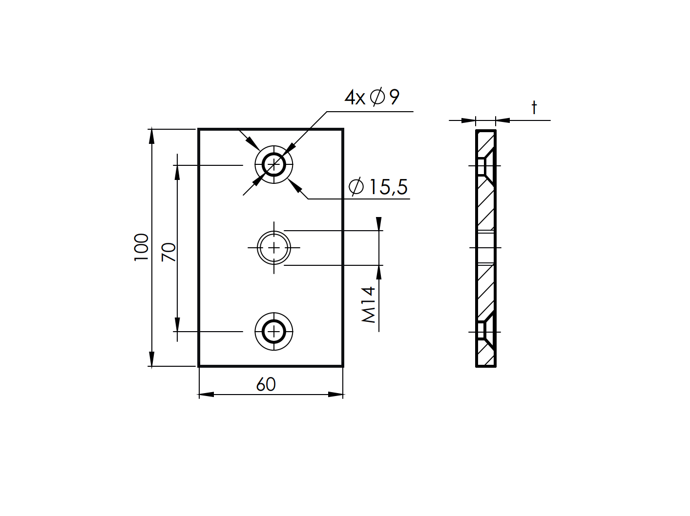 Plate for adjustable hinges, 100x60x8mm s 2 x 15,5mm, INOX