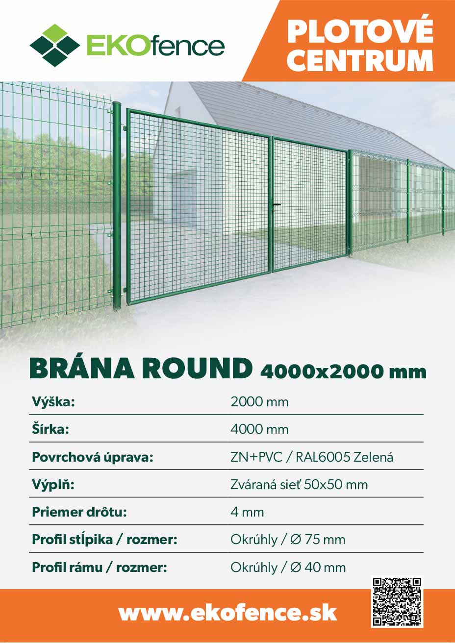 Brána 2kr. ROUND ZnPVC 4000x2000mm, D75mm, zelená