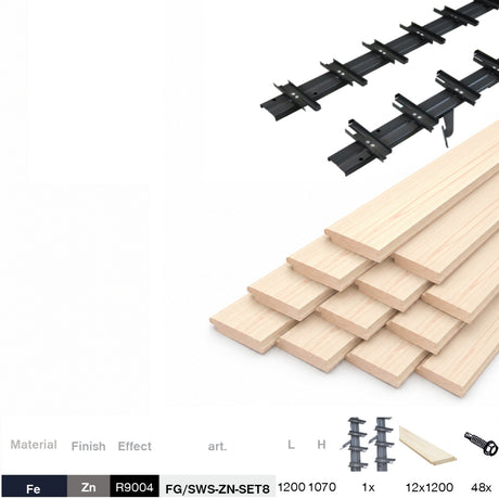 Set čierny pozinkovaný oceľový horizontálny naklápací systém 1,07 m čierny s 1,2 m drevenou borovicovou výplňou 19x95
