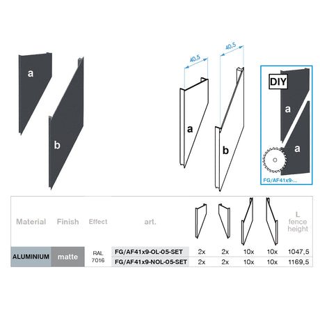 Click-Lock Distanz-Abdeckleiste für U-Adapter, 41x09-36mm - Anthrazit R7016, schräg mit 5 mm Spalt - SET