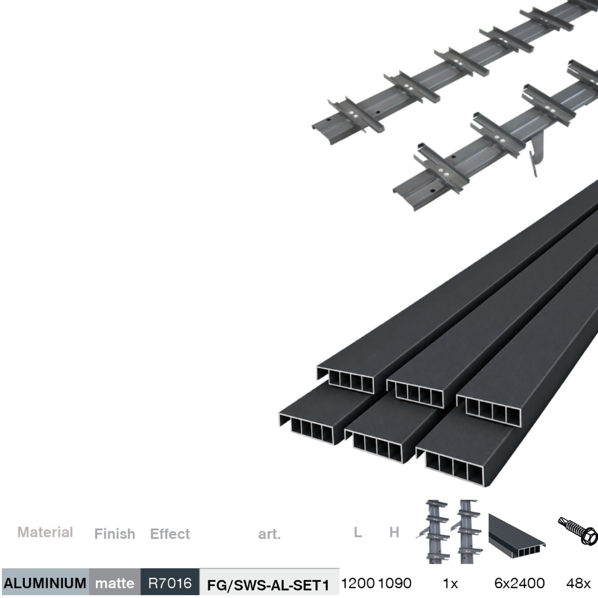 Set Sistema basculante orizzontale in alluminio antracite 1,09m con riempimento AL 1,2m antracite 20x95mm