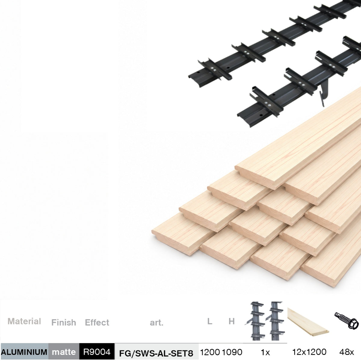 Set Schwarz Aluminium Horizontal Kippsystem 1,09 m mit 1,2 m Kiefernholzfüllung 19x95