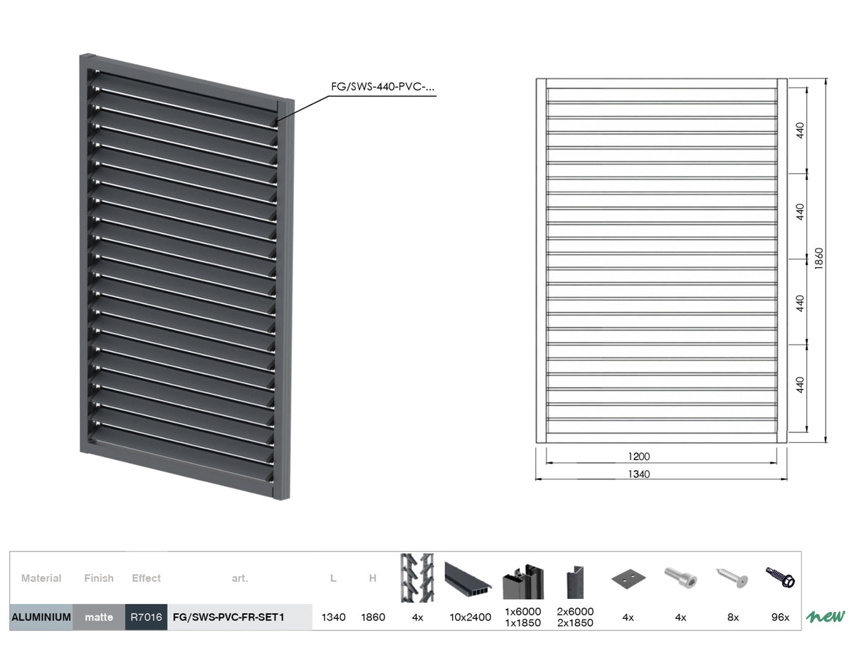 Set black plastic horizontal tilting system 1.86x1.34 m with 1.2 m AL Anthracite infill 20x95, in AL Anthracite frame 50