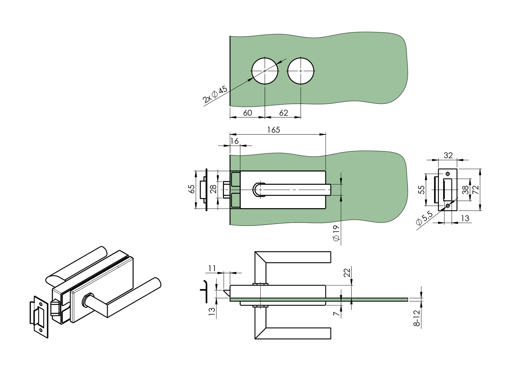 Glass door handle with lock UV