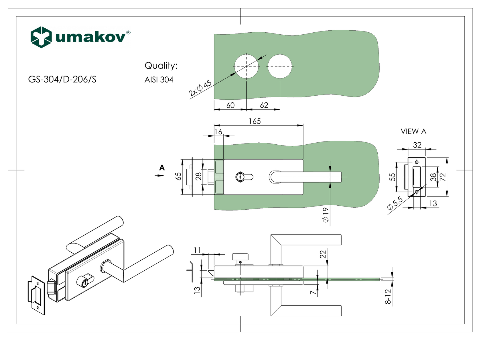 Glass door handle with lock PZ type PZ BLACK