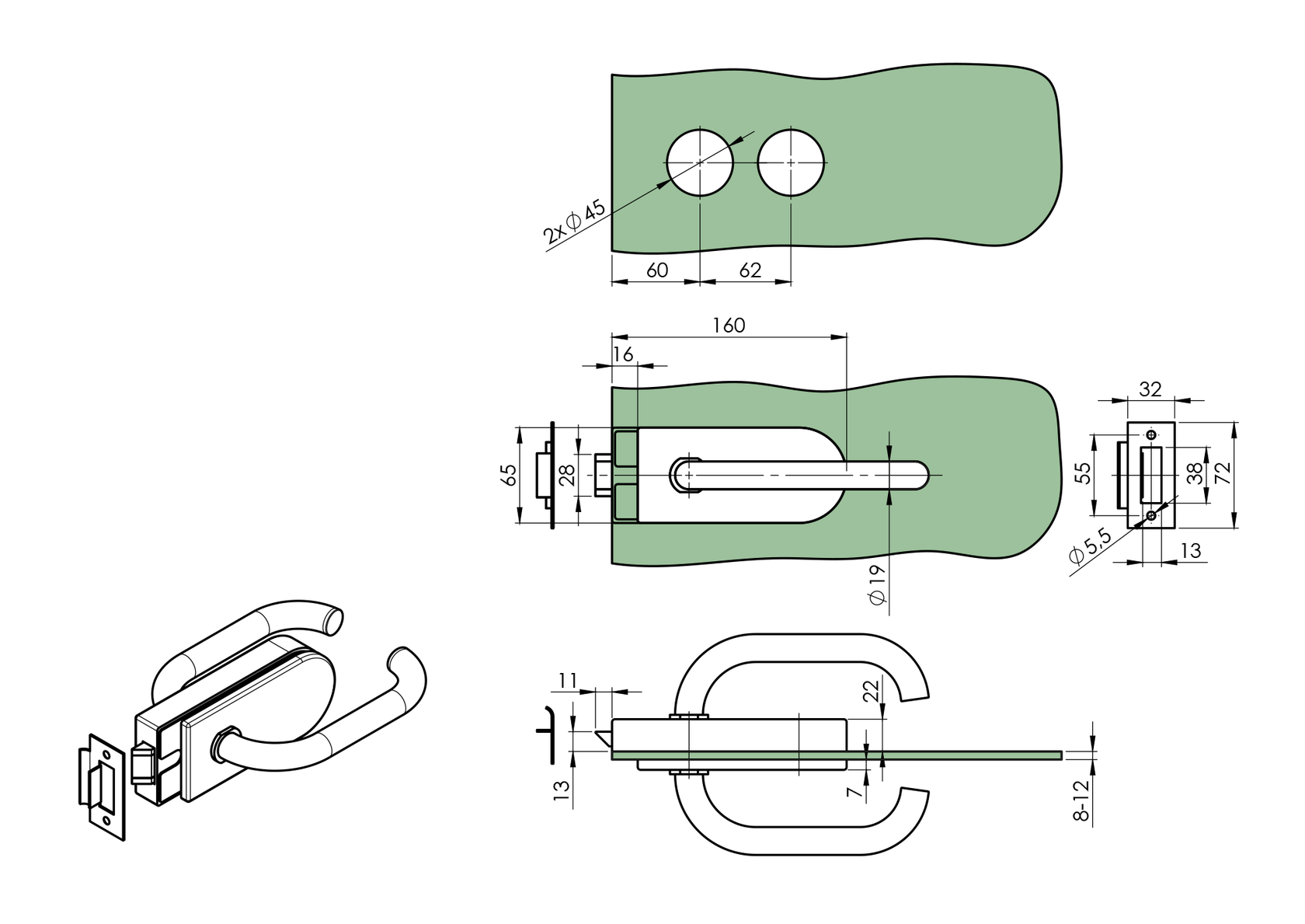 Glass door handle with lock UV
