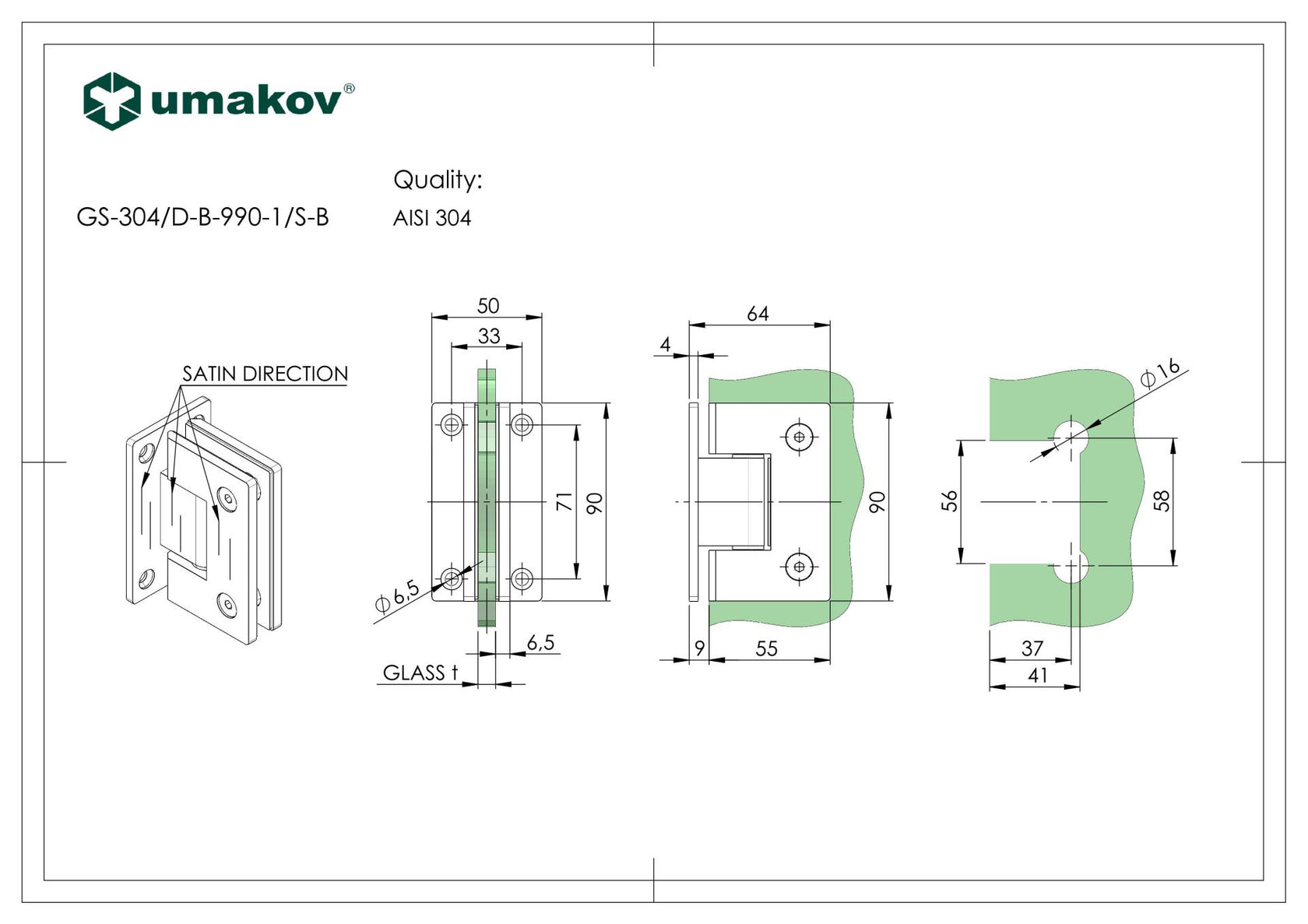 Hinge for glass door AISI304,