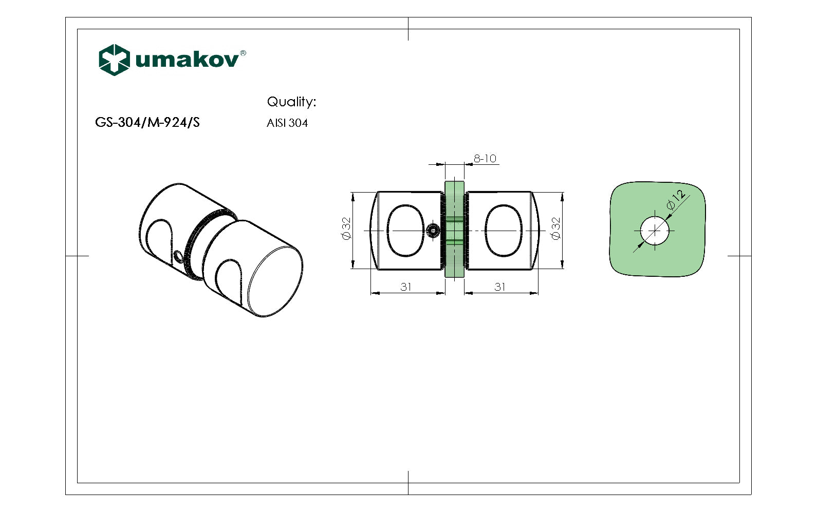 Brushed back-to-back knob AISI 304, Polish, D32mm