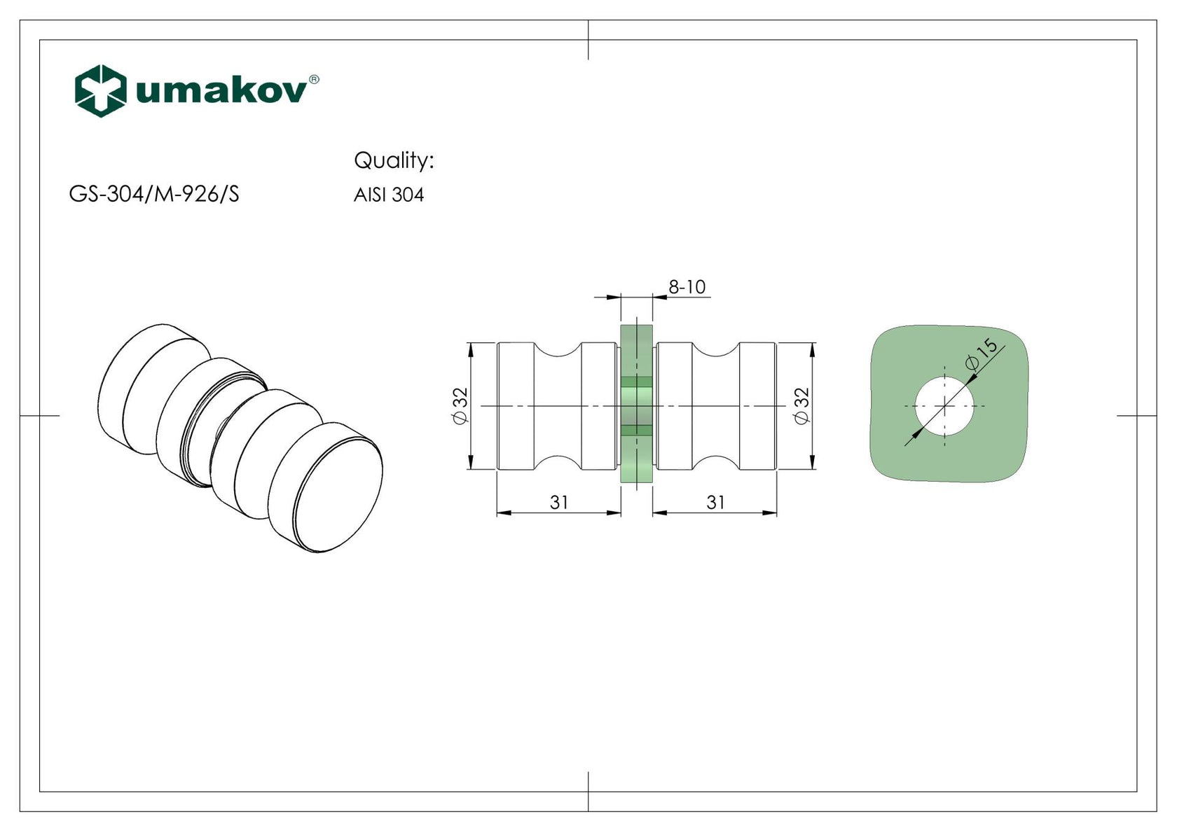 Brushed back-to-back knob AISI 304, K320, 32mm