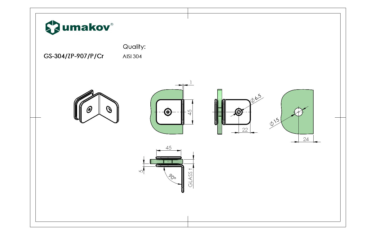 Glass clamp, T 8-10 mm