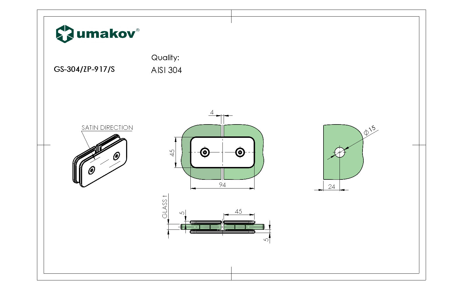 Glass clamp, AISI 304, T 8-10 mm