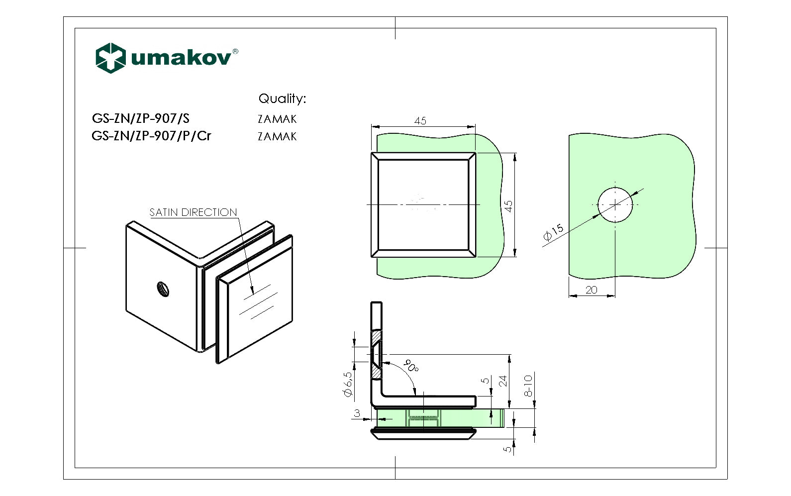Glass clamp, Zamak, 90°, T 8-10 mm