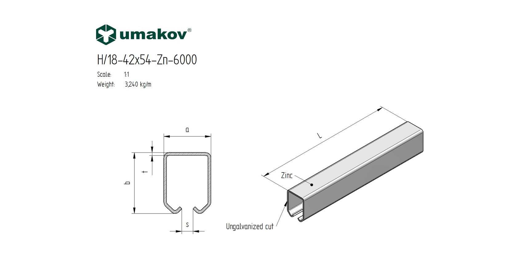 Suspension guiding profile Zn, 42x54x2,5mm, L6m