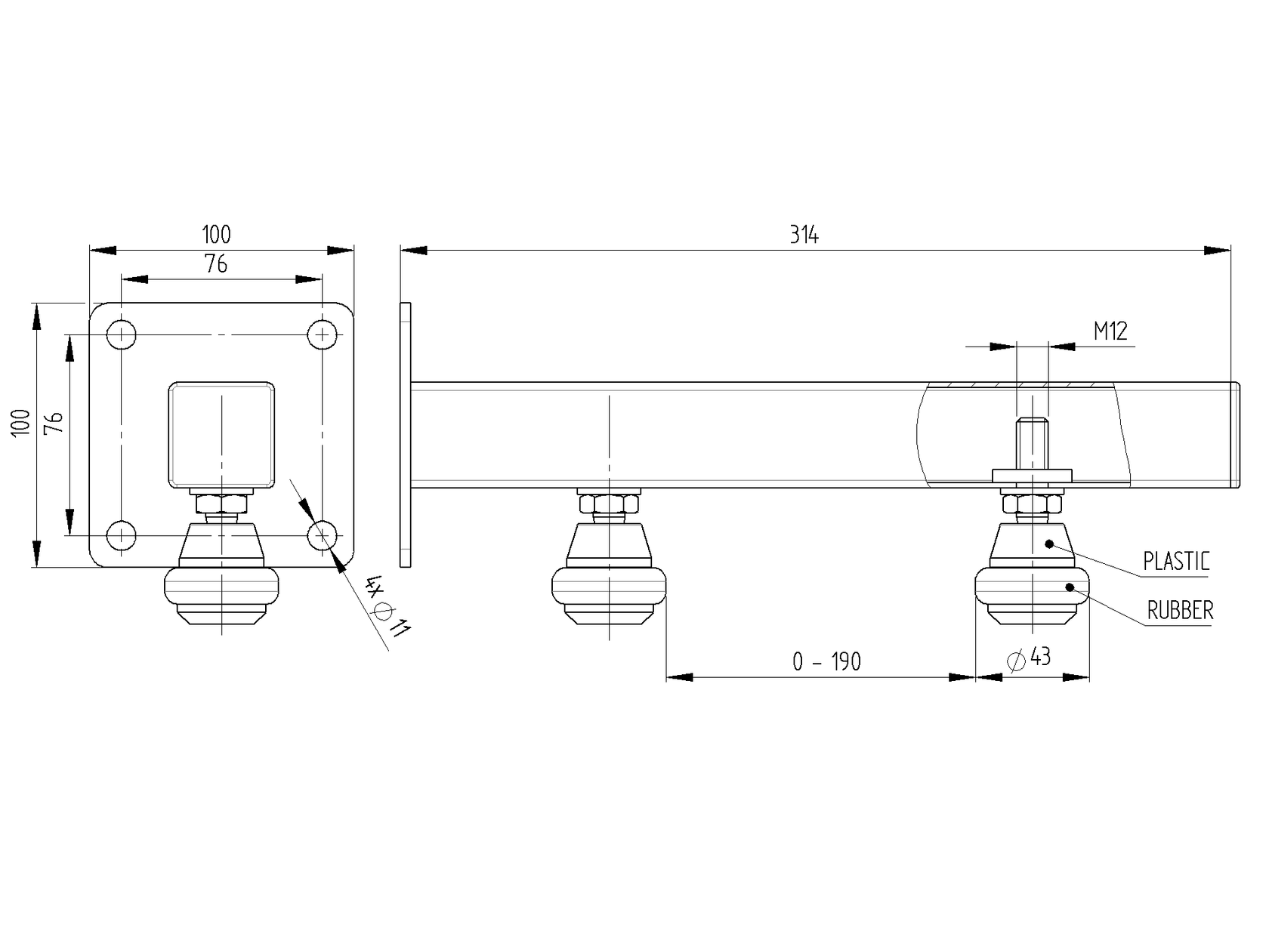 Ajdustable roller guide 2 rolls B310mm, 100x100mm