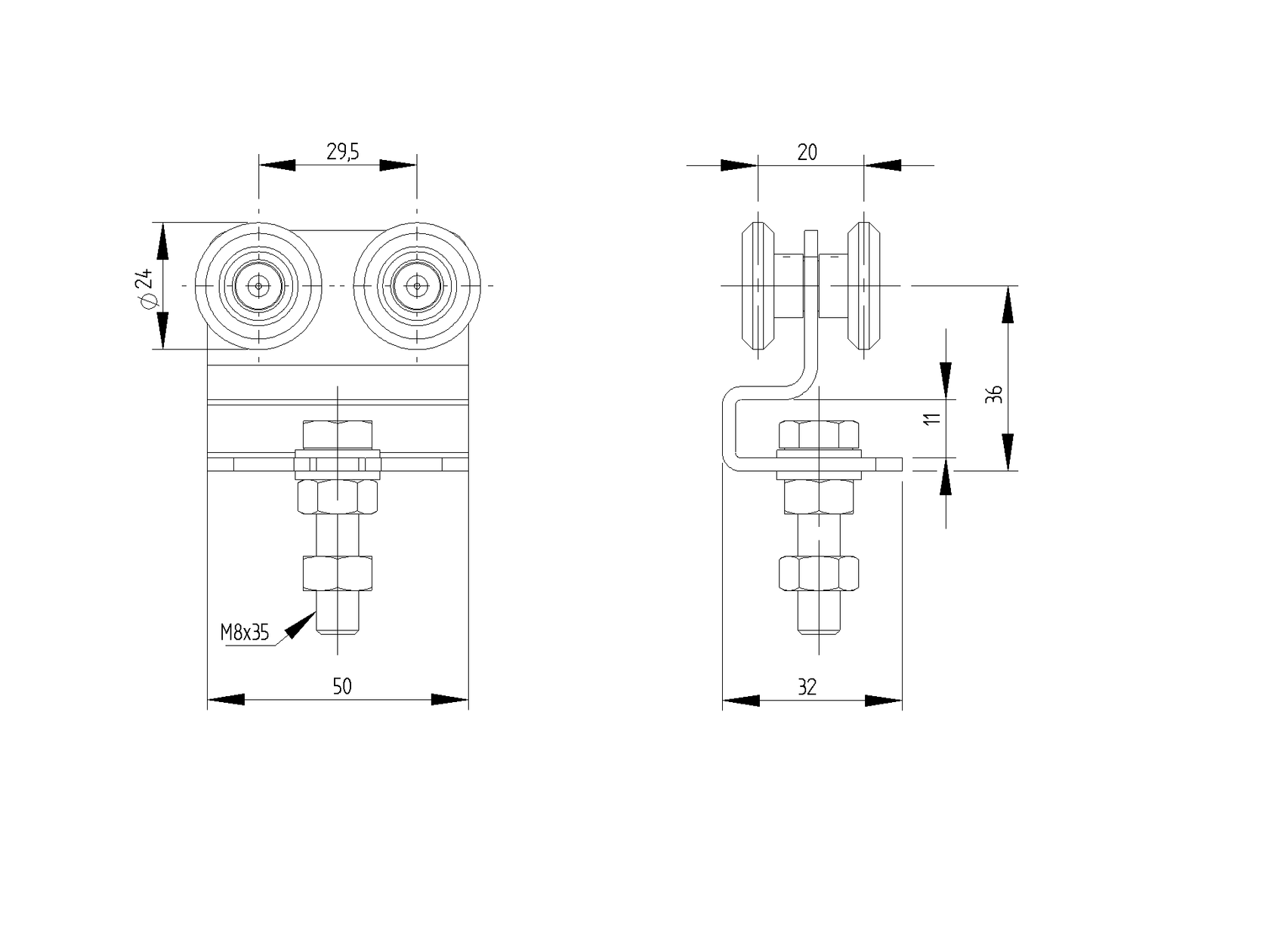 Gate roller track NYLON, profile 33x34mm