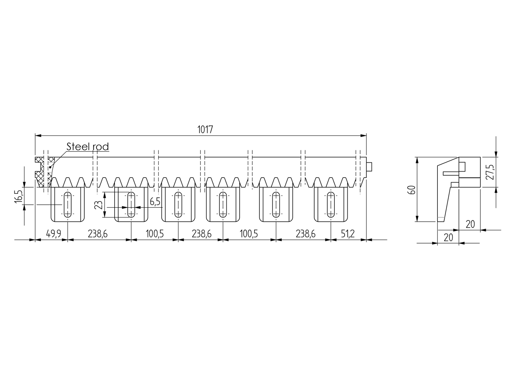 Nylon gear rack with steel core L1m,max 700kg