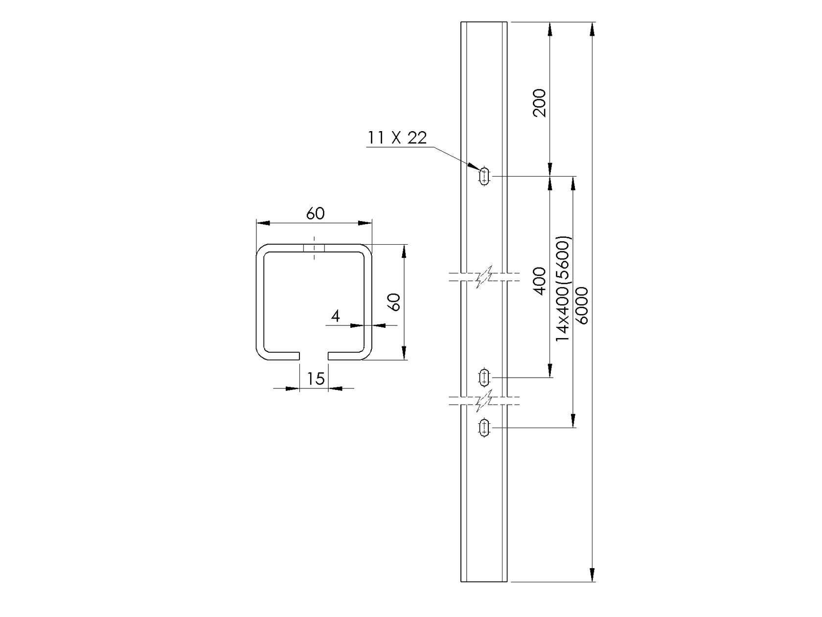 Guide profile with holes Zn, 60x60x4mm, L6m