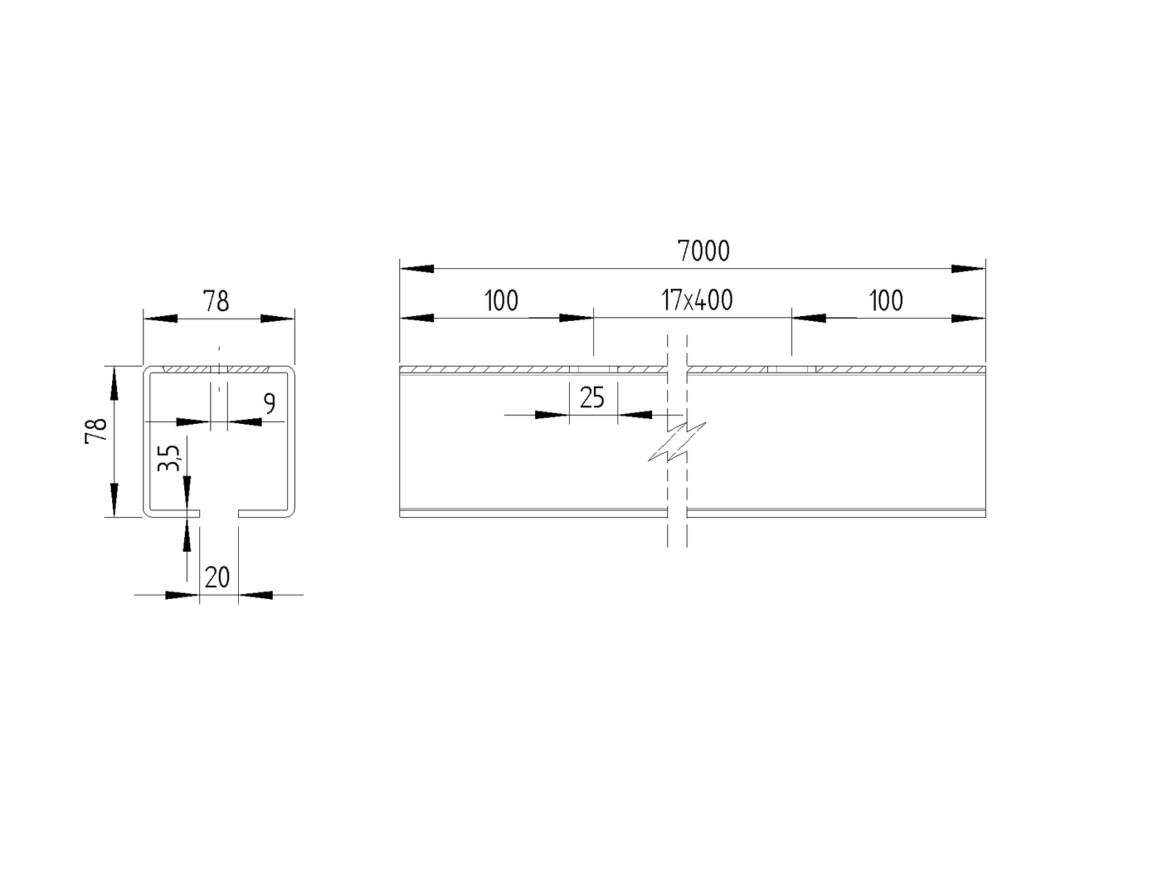Guiding track Zn, 78x78x3,5mm, L7m