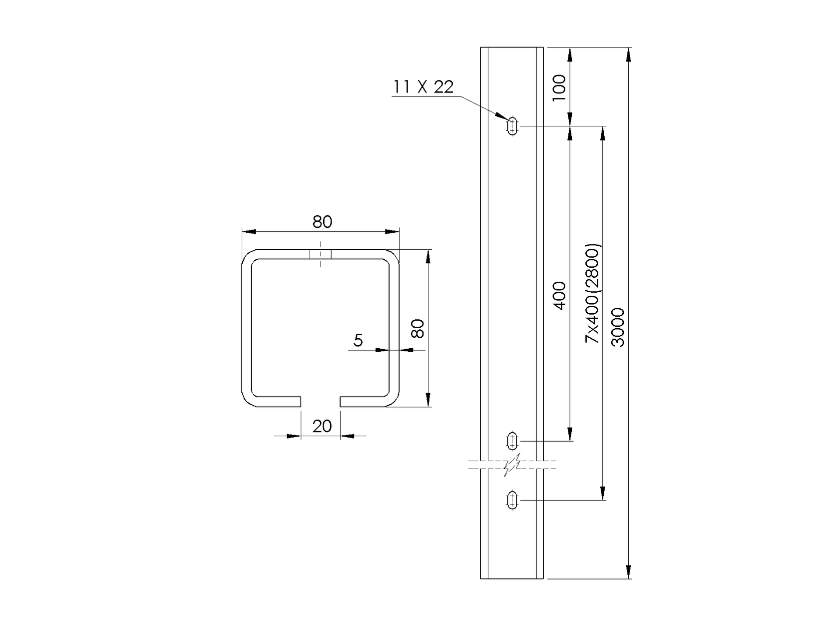 Guide profile with holes Zn, 80x80x5mm, L3m